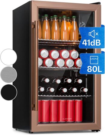 Klarstein Mini Fridge with Glass Door - 80L Compact Beverage Cooler with Adjustable Shelves & Wave Design Racks - Quiet Operation, Copper Metallic Finish