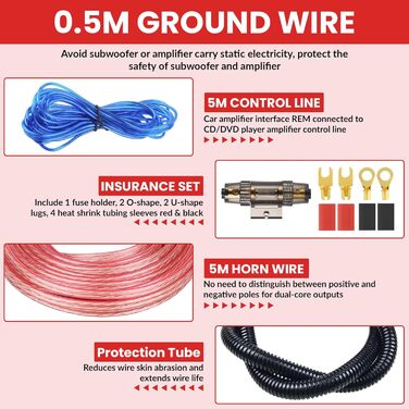 Комплект кабелів для автопідсилювача 4AWG, 5м – набір для підключення сабвуфера, автомобільна аудіо проводка