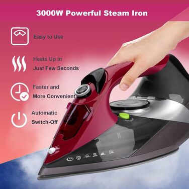 Відпарювач для одягу 3000W з керамічною підошвою - відпарювач з кабелем, самоочищення, резервуар 340мл, автоматичне вимкнення, червоний
