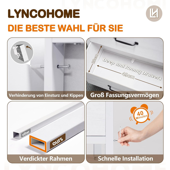 LYNCOHOME Chest of Drawers, Fabric Chest of Drawers, TV Stand Sideboard with 6 Fabric Drawers, Storage Cabinet Bedroom Drawer Chest Kitchen Organizers Furniture for Office Hallway (White-4*2l)