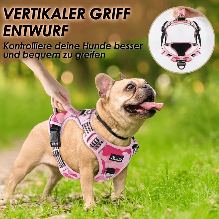 Нашийник для собак великих порід, шлейка з двома карабінами та зручною ручкою, регульована та світловідбиваюча, для щоденних тренувань (L), камуфляж рожевий
