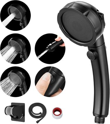 MIAOHUI Shower Head, Water-Saving with Water Stop Function, 3 Spray Patterns, Pressure-Boosting Shower Head, Shower with Hose and Holder, Black