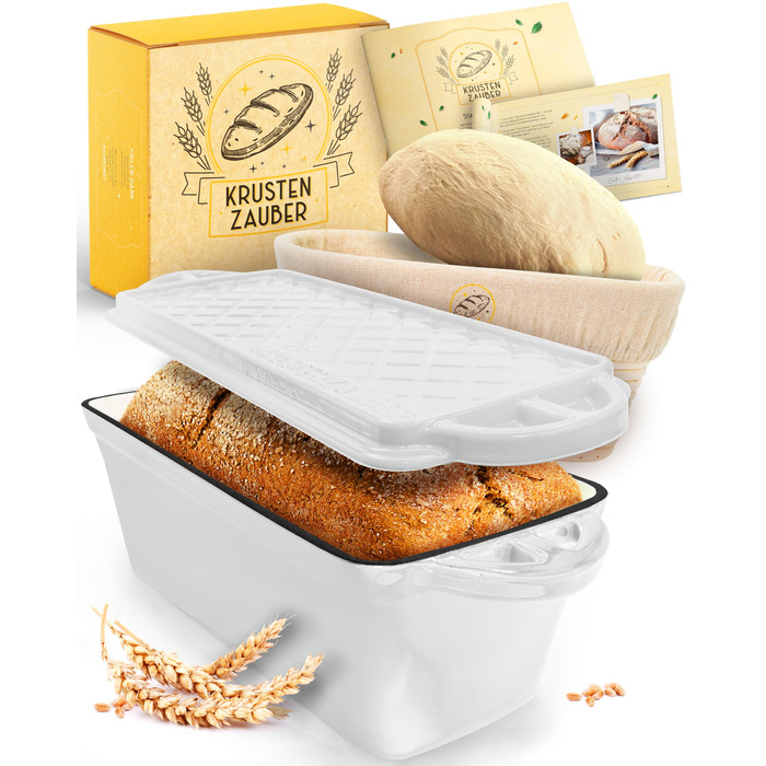 Форма для випічки хліба Krustenzauber емальована з кришкою та кошиком для бродіння, 28 см - чавунна форма для кексів, тостів та хліба, біла