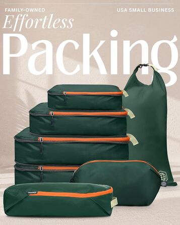 Набір органайзерів для подорожей Trippped Travel Gear: 7 шт., великий розмір, компресійні, для одягу (зелений/помаранчевий)