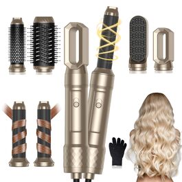 Фен-щітка 6 в 1 Airbrush Pro - професійний набір для укладки волосся | 1000W, круглі щітки, керлер, щітка для термоукладки, фен-щітка, фен, випрямляч | Для всіх типів волосся - блакитний (елегантне золото)