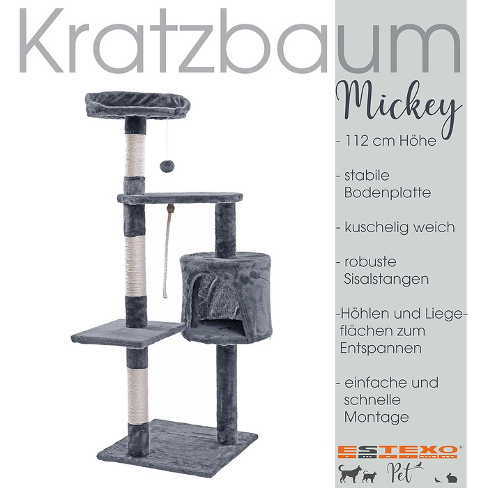 Кігтеточка для котів ESTEXO 112 см, XL, ігровий комплекс, кріпиться до стіни, сірого кольору