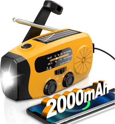 Радіо з ручним заводом, сонячне радіо, портативне радіо з ручкою, AM/FM радіо з LED ліхтариком, Powerbank 2000 mAh, SOS-сигнал, USB-зарядний пристрій, для кемпінгу, туризму (яскраво-помаранчевий)