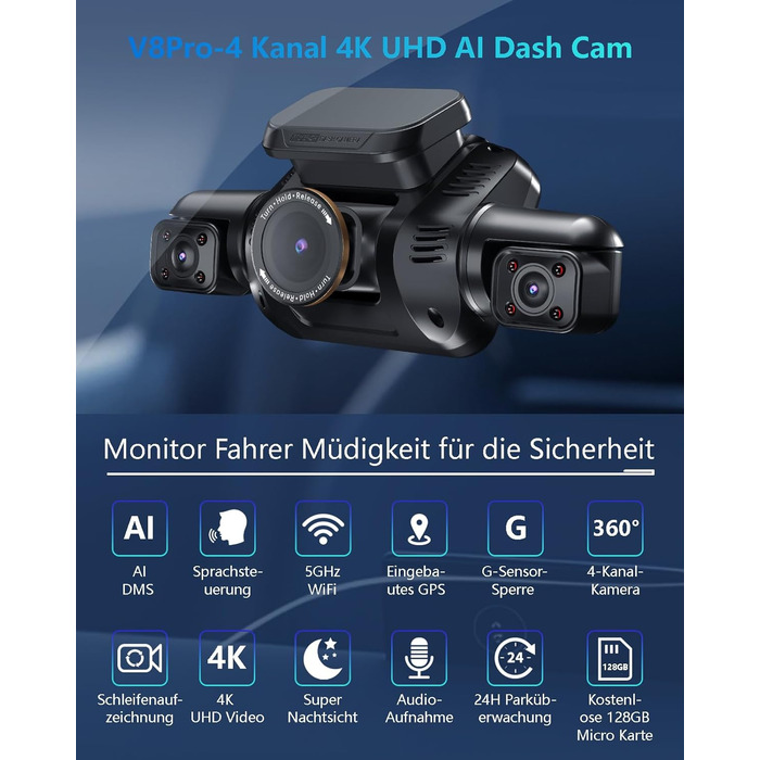 Відеореєстратор автомобільний HUPEJOS KI Dashcam V8Pro 4-камерний з монітором водія, 3K+ 3*1080P, 360°, WiFi, GPS, CPL, 128GB, 24H парковка