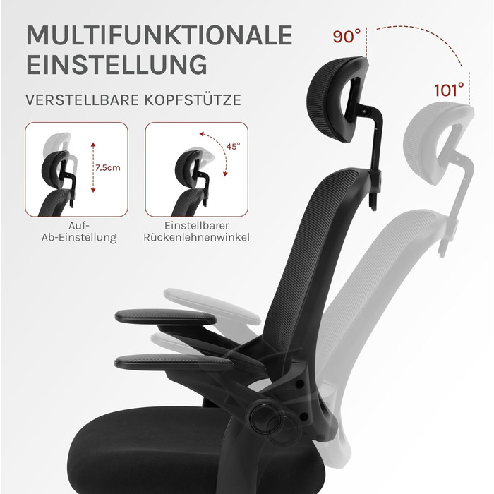 Крісло офісне WOLTU ергономічне, регульована підголовник та поперекова підтримка, функція гойдання, для офісу, 150 кг, чорне