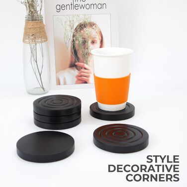 Colorful wooden coaster set for drinks, 6-piece set for drinking glasses, table protector for all table types, gift set for all occasions, Black