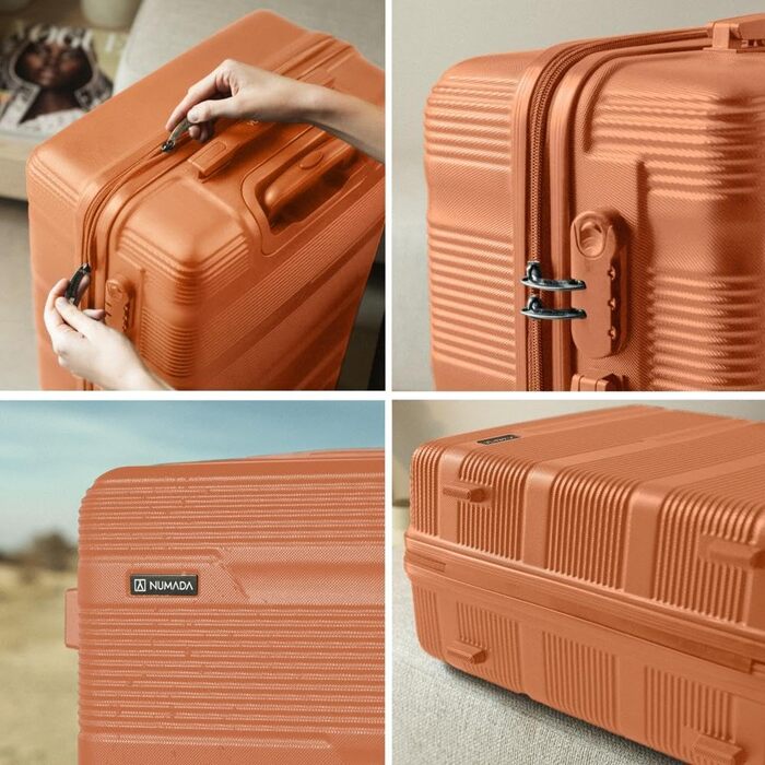 Набір валіз NUMADA 4 шт. Upfly T10 ABS: ручна валіза 55x40x20, середня 60L, велика 78L + косметичка. Оранжевий колір. Безпечний та міцний.