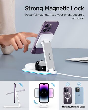 Зарядна станція MagSafe 3-в-1, складна, бездротова, біла (18W адаптер в комплекті). Сумісна з iPhone 14/13/12, AirPods Pro/2/3, iWatch 8/7/6/SE/5/4/3/2. Модель S16