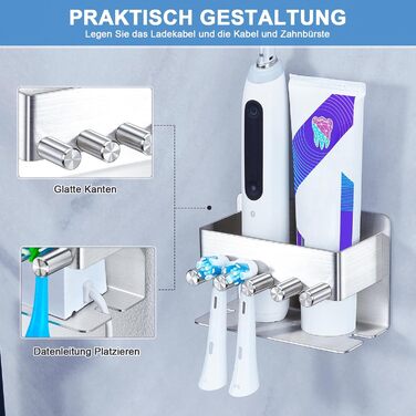 Тримач для зубних щіток GGQ настінний, для електричної зубної щітки, без свердління, самоклеючий, з підставкою для зубної пасти (срібний)