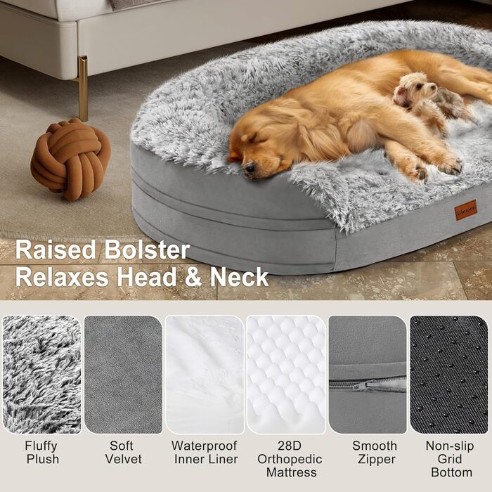 Gimars 9.5 inch Orthopedic Dog Bed for Extra Large Dogs, XL Dog Bed with Bolster & 28D Egg Crate Mattress, Waterproof Cover, Washable Plush Cover, Dog Sofa for Arthritic Dogs - Half Round