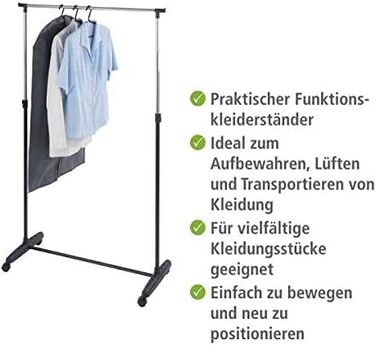 WENKO Clothes Rack, Folding, Clothes Storage with Adjustable Clothes Rail and Wheels, Plastic/Metal, 88 x 100-168 x 11-49 cm, Chrome/Grey (170 x 38 x 90 cm)