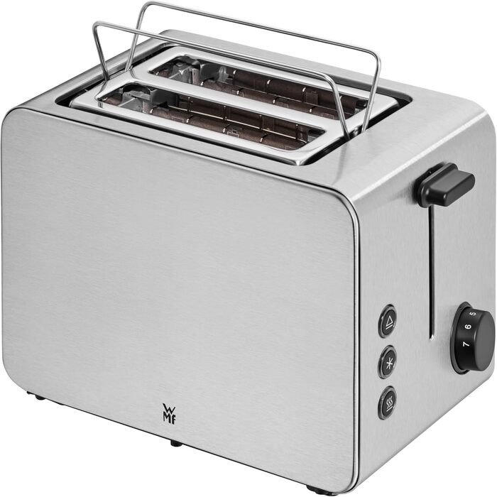 WMF Stelio 2-Slice Stainless Steel Toaster, Double-Slot Toaster with Bread Roll Attachment, Bagel Function, 7 Browning Levels, 900 W, Matte Stainless Steel Toaster