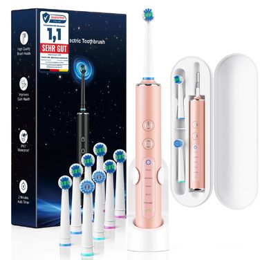 Електрична зубна щітка з круглою головкою – 50 000 рухів/хв, 8 насадок, 3 режими інтенсивності, 5 режимів чищення, 120 днів автономної роботи, IPX7, доросла та дитяча, помаранчево-рожева (1 комплект)