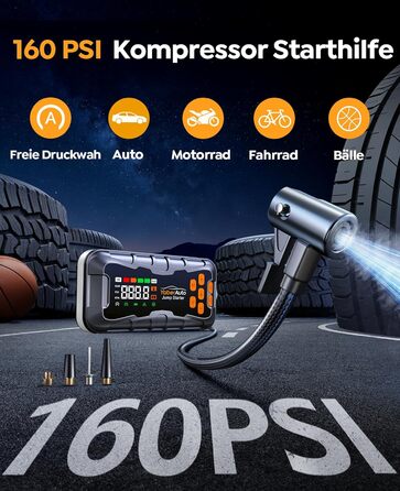 Пауербанк для авто 27000mAh 7000A з компресором 160PSI, пусковий пристрій для бенз./диз. (до 12.0L), ліхтарик, молоток-розбивач скла, набір інструментів