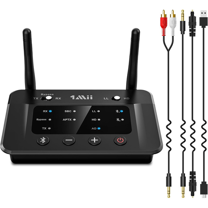 1Mii B03 Bluetooth 5.3 Передавач Bluetooth для TV з aptX HD, низькою затримкою, для 2 навушників, велика відстань, оптичний, AUX, RCA