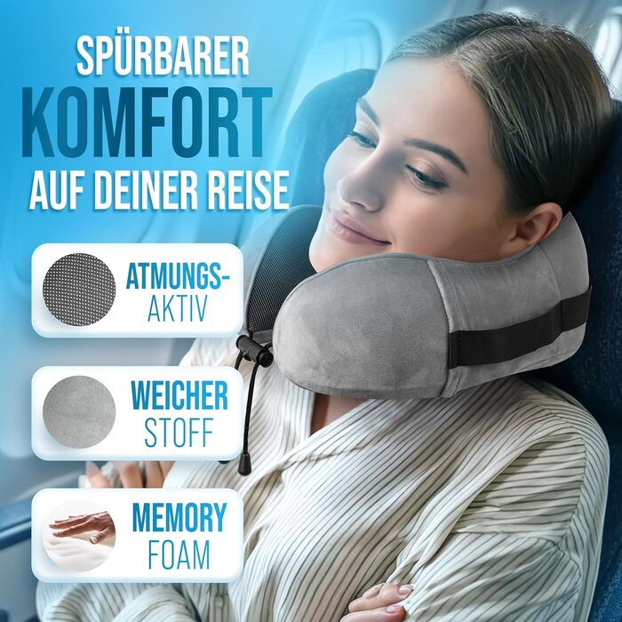 Подушка для шиї у літак з додатковою подушкою – Memory Foam, автомобіль – регульована підтримка шиї, для дорослих, сіра