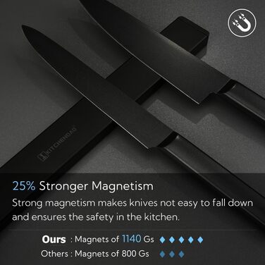 Improved 60cm Trhillsbrad Magnetic Knife Strip, 60cm Magnetic Knife Holder with 3 Hooks, Stainless Steel Knife Rail Self-Adhesive, Black Wall Mount Magnetic Strip No Drilling Knife Holder