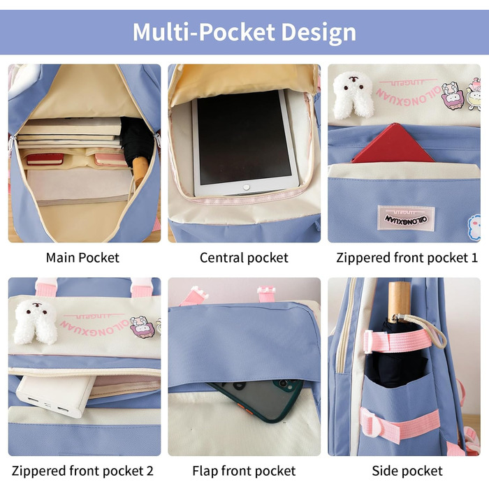 Набір шкільних рюкзаків IvyH 5-ти частинний: рюкзак для дівчинки, сумка для школи, рюкзак для підлітків, 3-7 клас, з пеналом та сумкою для покупок, 45 см, рожевий (8583# Синій)