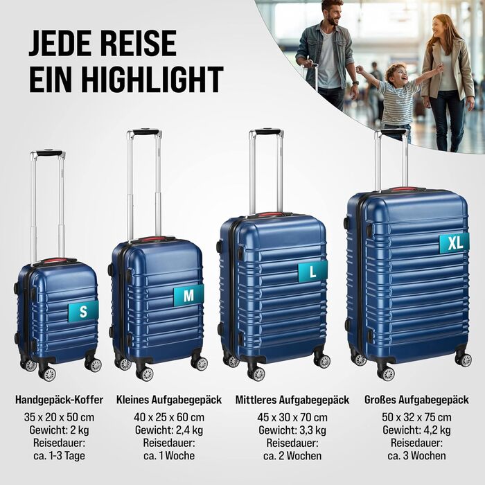 Набір валіз MONZANA® 4шт з органайзером, вагами, ременем, гелевими ручками, колесами та підставкою. Чотири розміри (S, M, L, XL). Валіза-тролей, жорсткий корпус, блакитний колір.