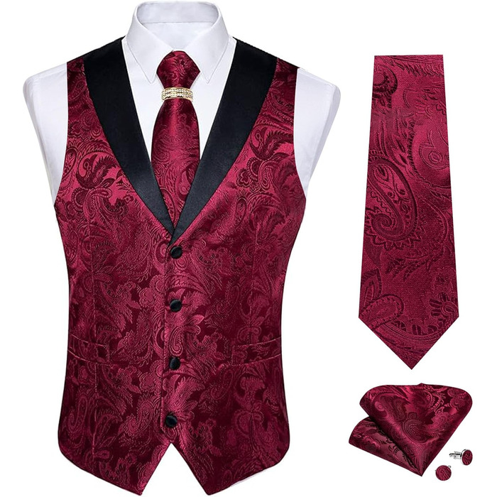 Костюмний жилет DiBanGu (5 шт.): жилет, краватка, нагрудна хустинка, запонки, кільце для краватки. Зелений/Чорний (L, Бордовий)