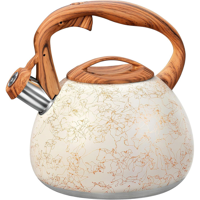 Чайник для плити GGC, 3.1 л / 3 л, з свистком, для води, кави, молока, градієнт сірого та чорного кольорів, з дерев'яною ручкою, з нержавіючої сталі, для дому (White Art Line)