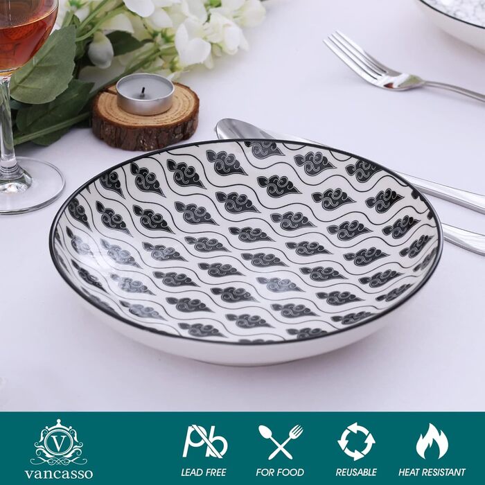 Набір тарілок Vancasso Haruka: 4 супові тарілки з порцеляни, Ø 21 см, 700 мл, чорний + кремовий