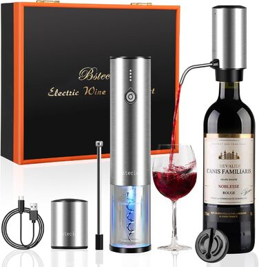 Electric Wine Opener 4-in-1 Set with Automatic Wine Decanter & Wine Opener USB-C Rechargeable, Vacuum Stoppers, Foil Cutters, Gift Box for Wine Lovers