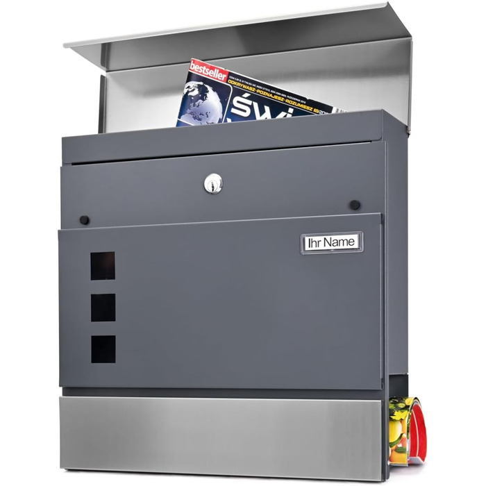 Поштовий ящик Verda з газетницею, нержавіюча сталь, антрацит, 37x37x11 см - дизайнерський вуличний ящик з вікном, ключами та табличкою для імен