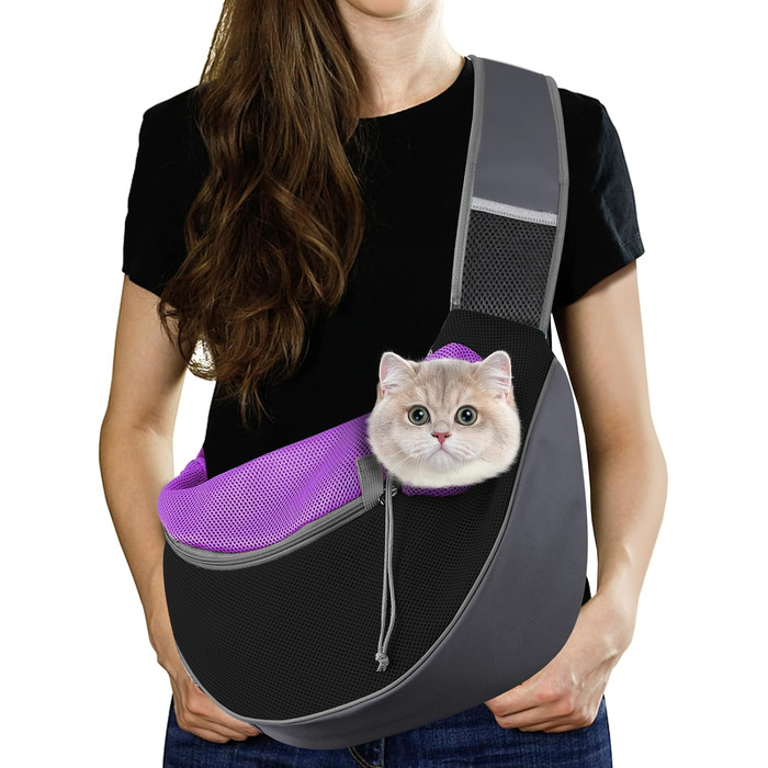 Переноска для собак Pawaboo з кишенею для дотику, регульована переноска для собак, сумка-переноска для домашніх тварин для прогулянок на відкритому повітрі - чорний (пурпурно-чорний, S)