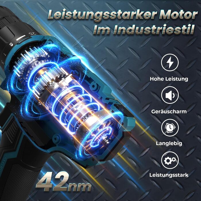 Акумуляторний шуруповерт 20V з 2x 2000mAh акумуляторами, 42Nm, 25+1 момент, LED, сумісний з Makita, для ремонту та DIY, синій