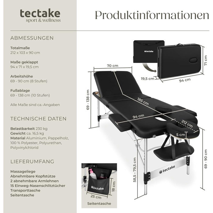 Масажний стіл Tectake® 3 зони, розкладний, з регулюванням висоти, з аксесуарами (ширина без підлокітників: 70 см, чорний)