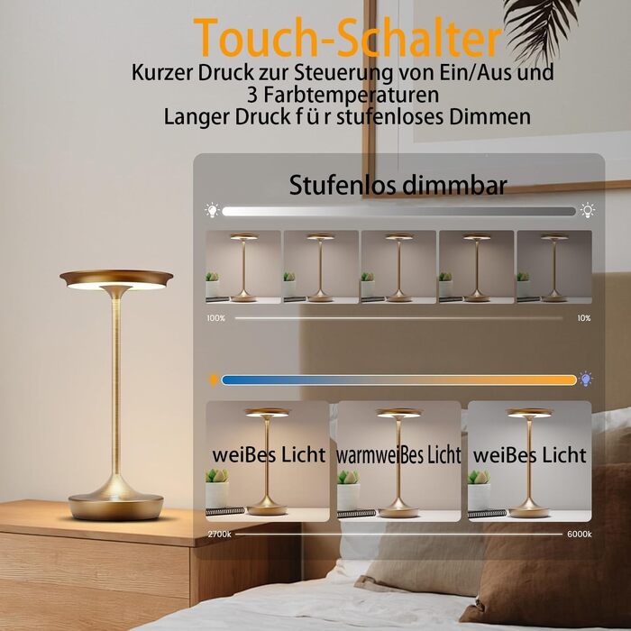 LED настільна лампа бездротова IP54 для вулиці та дому: перезарядна, сенсорна, 3 кольори, 6000mAh, 2 шт.