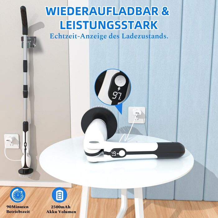 Електрична щітка для прибирання: 7 насадок, 3 довжини, 90 хв роботи, 2 режими швидкості для ванної, кухні, авто