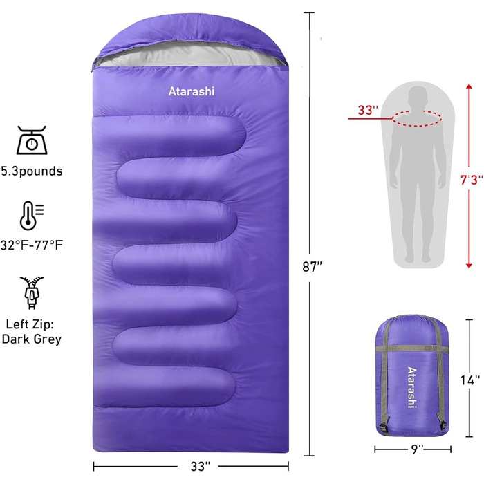 Сплячий мішок Atarashi Camping 4 сезони для дорослих, великий, теплий, з компресійним мішком. Ідеально для походу, трекінгу та відпочинку на природі (83 x 224 см)