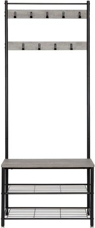Mondeer Coat Rack, Shoe Rack with Coat Rack, 3 Shelves and 9 Removable Hooks, Industrial Design, Made of Metal and Wood, 70 x 32 x 175 cm, for Entryway, (Gray)