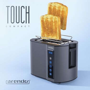 Тостер Arendo Touch на 2 скибки, нержавіюча сталь, сенсорна панель, цифровий дисплей, індикатор залишкового часу, 800 Вт, подвійний корпус, підставка для булочок, 7 рівнів підсмажування, центрирування хліба, Cool Grey