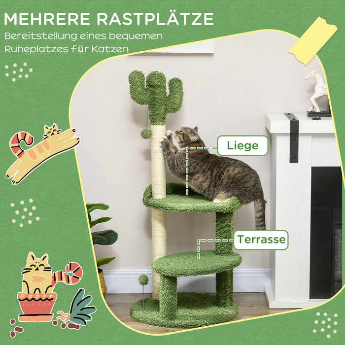 PawHut Дряпак для котів, дизайн кактуса Φ 49 x 111 см з 2 ярусами та іграшковою кулькою, стійкий котячий комплекс для кошенят зеленого кольору