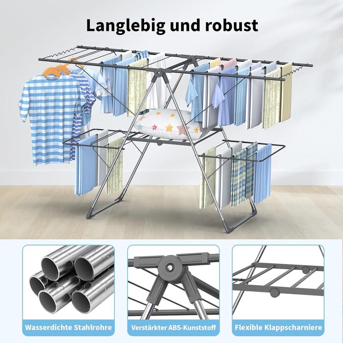 Сушарка для білизни Innotic - розкладна, портативна, з 4 крилами, регульована по висоті, для балкону та дому (сіра)