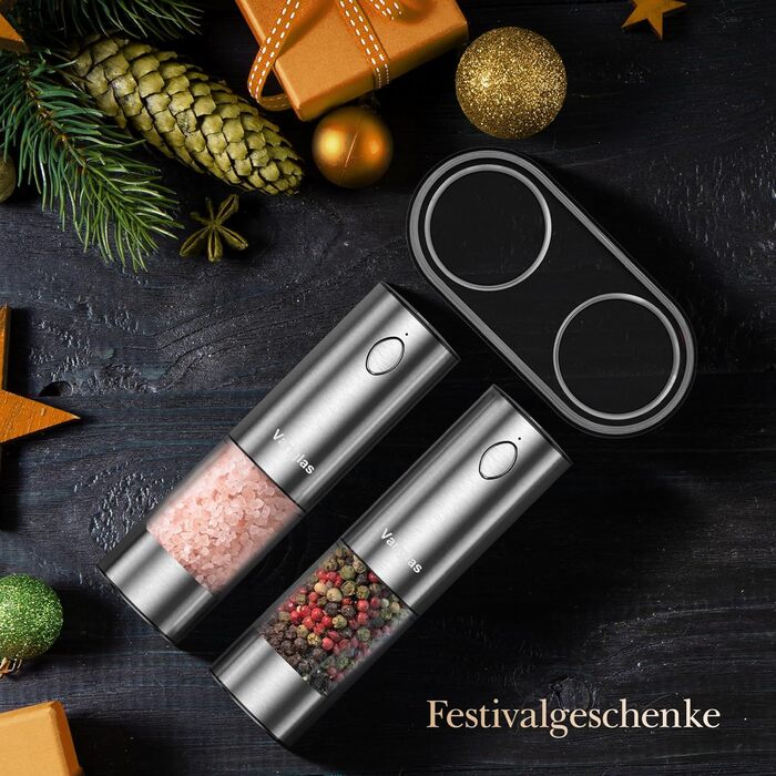 Variglas Salt and Pepper Mills Electric 2-Piece Set with USB Rechargeable, Improved Large Capacity Electric Spice Grinder, Adjustable Coarseness, LED Light (01S)
