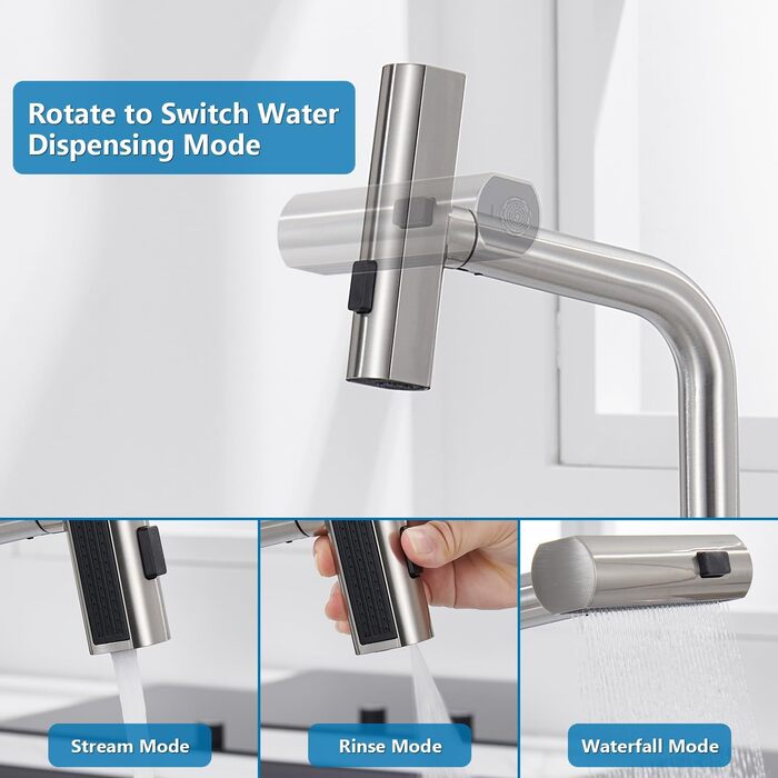 Чорний кухонний змішувач з висувною лійкою, водоспад, високий тиск, 3 режими, 360° поворот, нержавіюча сталь (нікель)