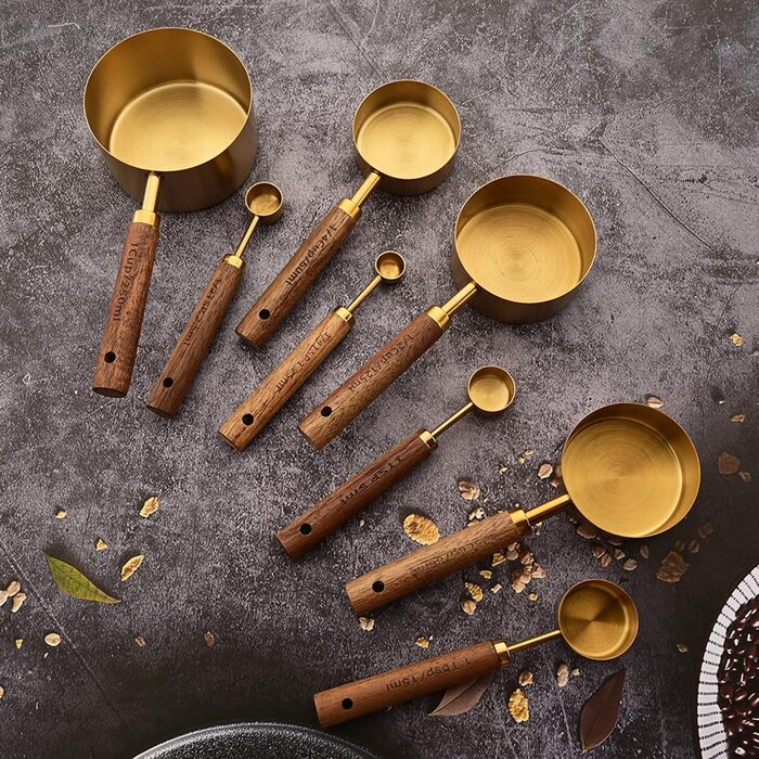 8-Piece Gold Measuring Cup and Spoon Set with Scale, BRIIEC Wooden Handle, Stainless Steel, Dry and Liquid Measuring Cups for Cooking, Baking