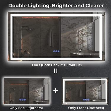 Дзеркало для ванної кімнати з підсвічуванням 100x60 см, сенсорне керування, IP65, 3 колірні температури, HD скло, вертикальна/горизонтальна орієнтація, Faw Halo Double