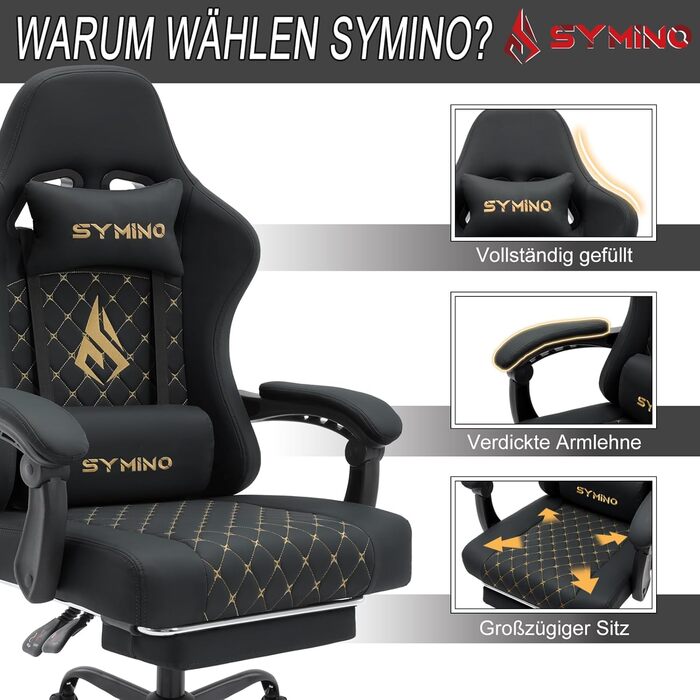Геймерське крісло Symino Racing – ергономічне крісло для ігор з підтримкою попереку, регульованими підлокітниками, підставкою для ніг, оббивка з PU шкіри Vintage, чорне, до 200 кг