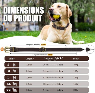 Нашийник для собак з натуральної шкіри, великих порід, XXL - міцний нашийник з латунною застібкою та D-подібним кільцем