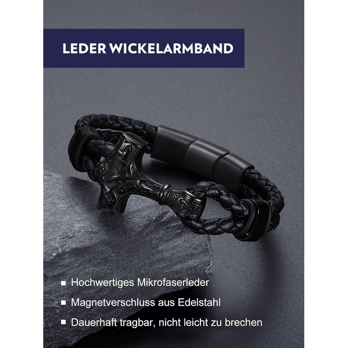 Чоловічий шкіряний браслет Bandmax Mjölnir/Череп/Масонство з магнітною застібкою. Браслет вікінгів для чоловіків, батька, чоловіка. Шкіряний браслет з гравіюванням.