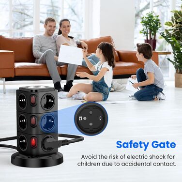 Багаторозеткова станція Acodot Tower з USB, 12 розеток, захист від перенапруги, 4 вимикачі, нічник, 3 USB-порти, кабель 3м, 2500W, для офісу, білий/чорний